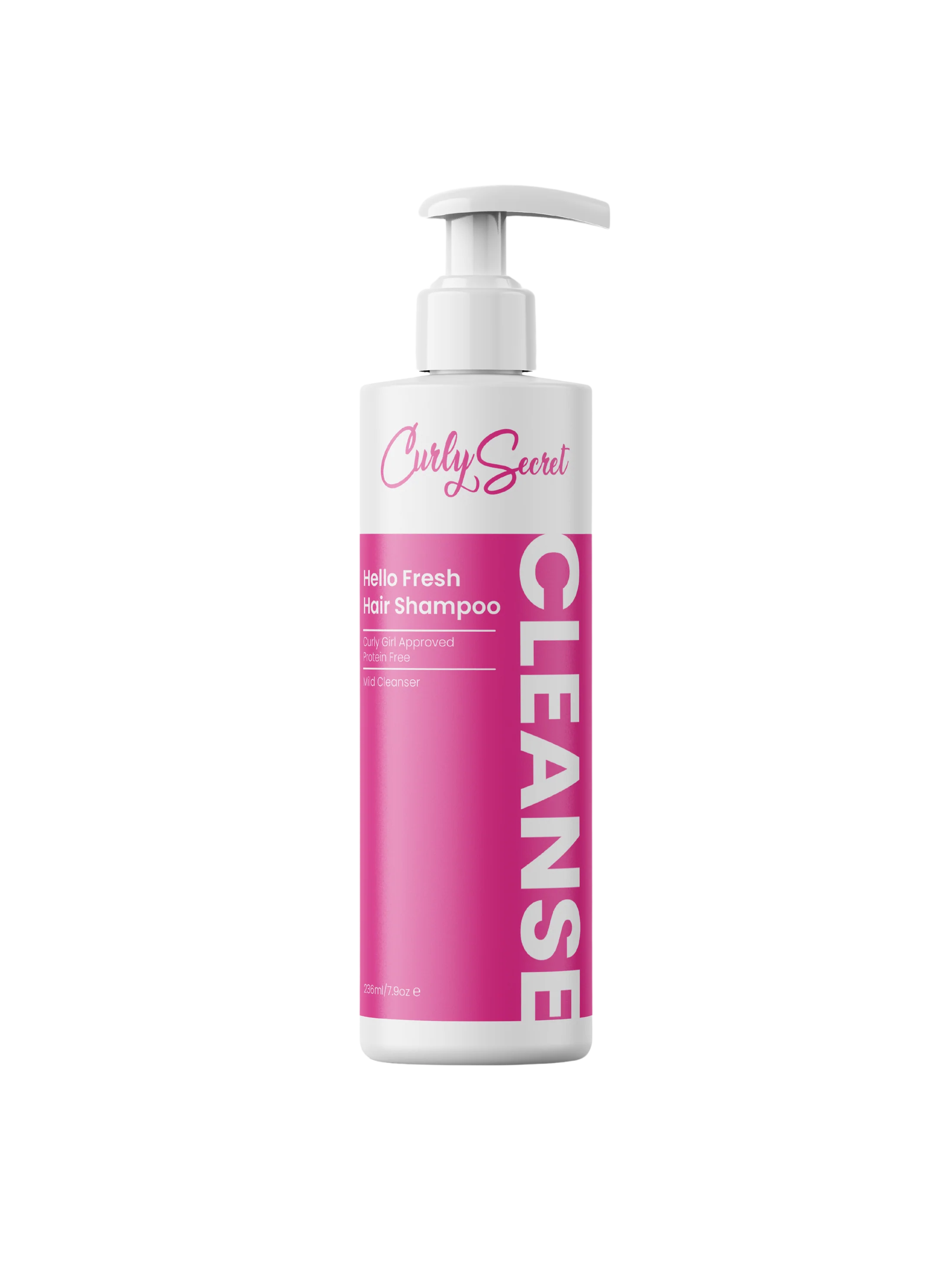 Een 236 ml fles Curly Secret Hello Fresh Hair Shampoo (FULL-SIZE) heeft een roze etiket, een handige pompdispenser en is verrijkt met kokosolie.
