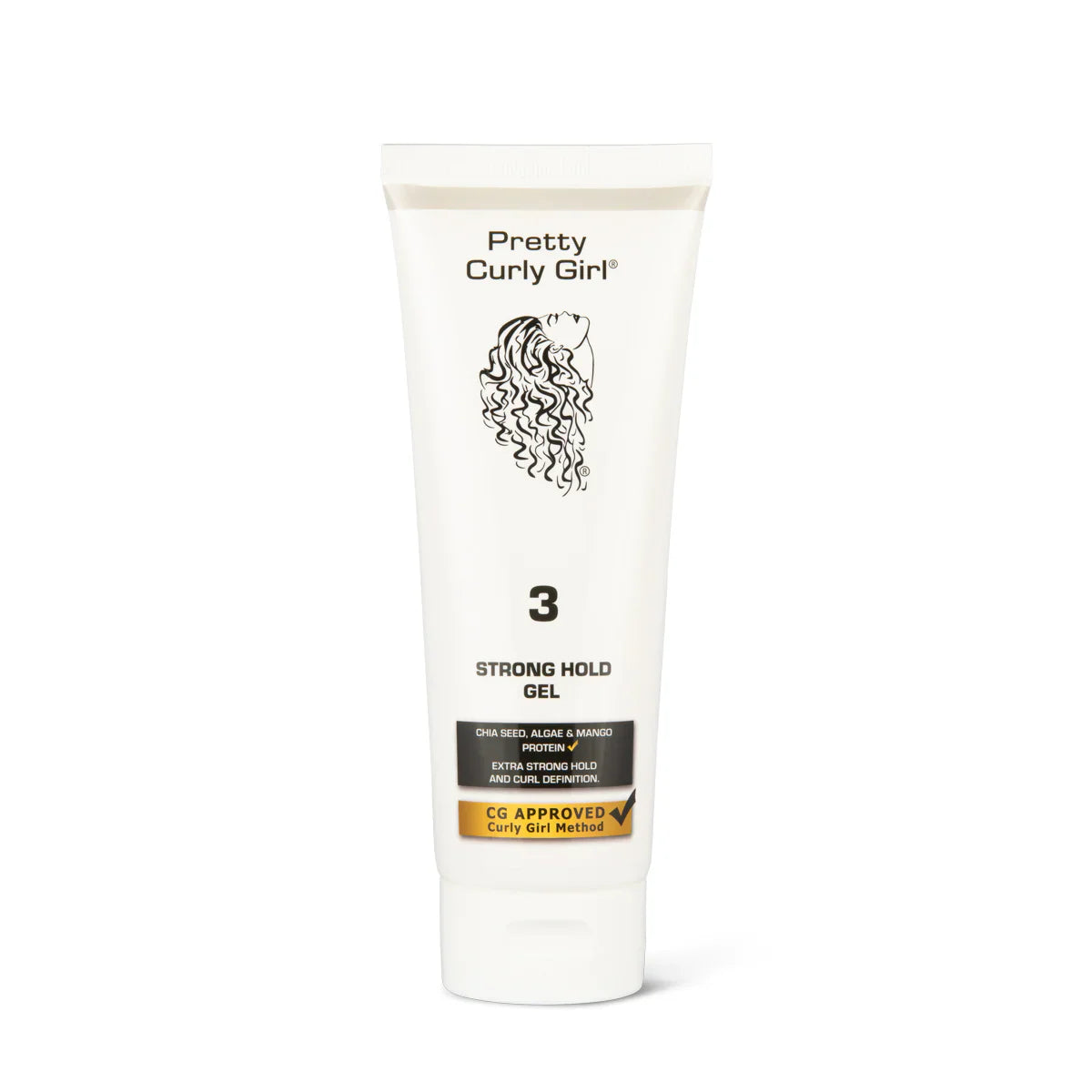 Een tube Pretty Curly Girl Strong Hold Gel 250ml (VOLLEDIGE MAAT), versierd met een illustratie van krullend haar en geplaatst op een witte achtergrond, is verrijkt met chiazaad voor extra haarversterking en heeft een gelachtige consistentie, perfect om krullen optimaal tot hun recht te laten komen.