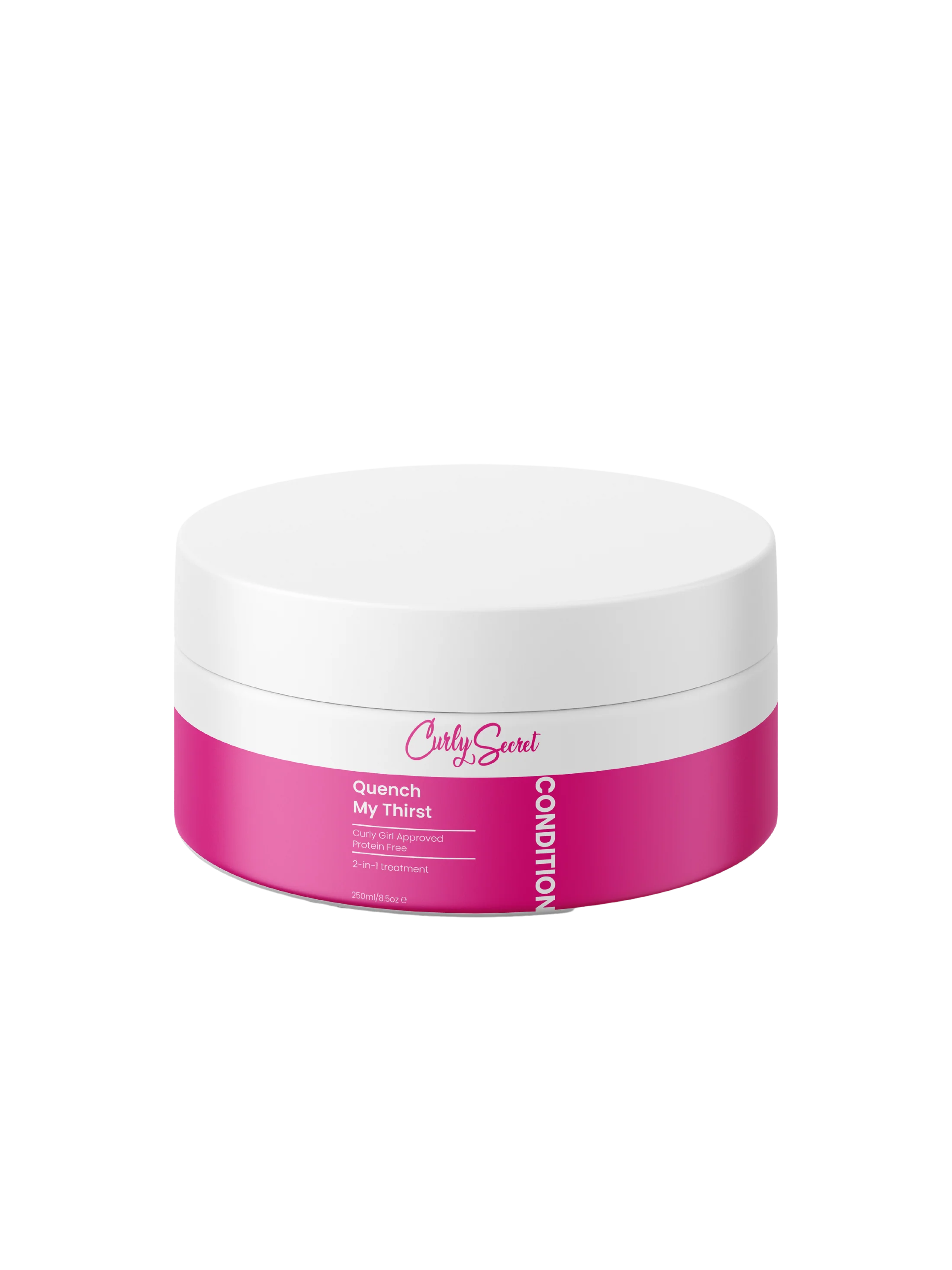 Een wit en roze potje met het label Curly Secret Quench My Thirst 2-in-1 Treatment (250 ml, FULL-SIZE), verrijkt met kokos- en jojoba-olie, belooft de haargroei te verbeteren en tegelijkertijd je krullen te hydrateren.