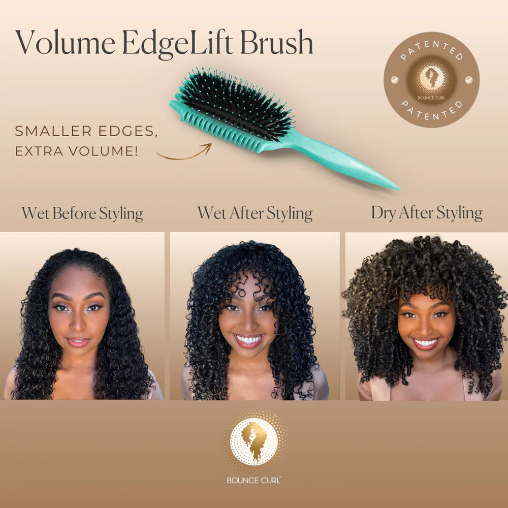 Maak kennis met de NIEUWE Bounce Curl Volume EdgeLift Brush in een opvallend blauwgroen. Ervaar opmerkelijke transformaties terwijl het haar van nat naar volumineus verandert, getoond in voor- en na-afbeeldingen. Deze borstel is voorzien van gepatenteerde technologie en toont met trots het Bounce Curl-logo, gemaakt van biobased materialen voor milieuvriendelijke styling.