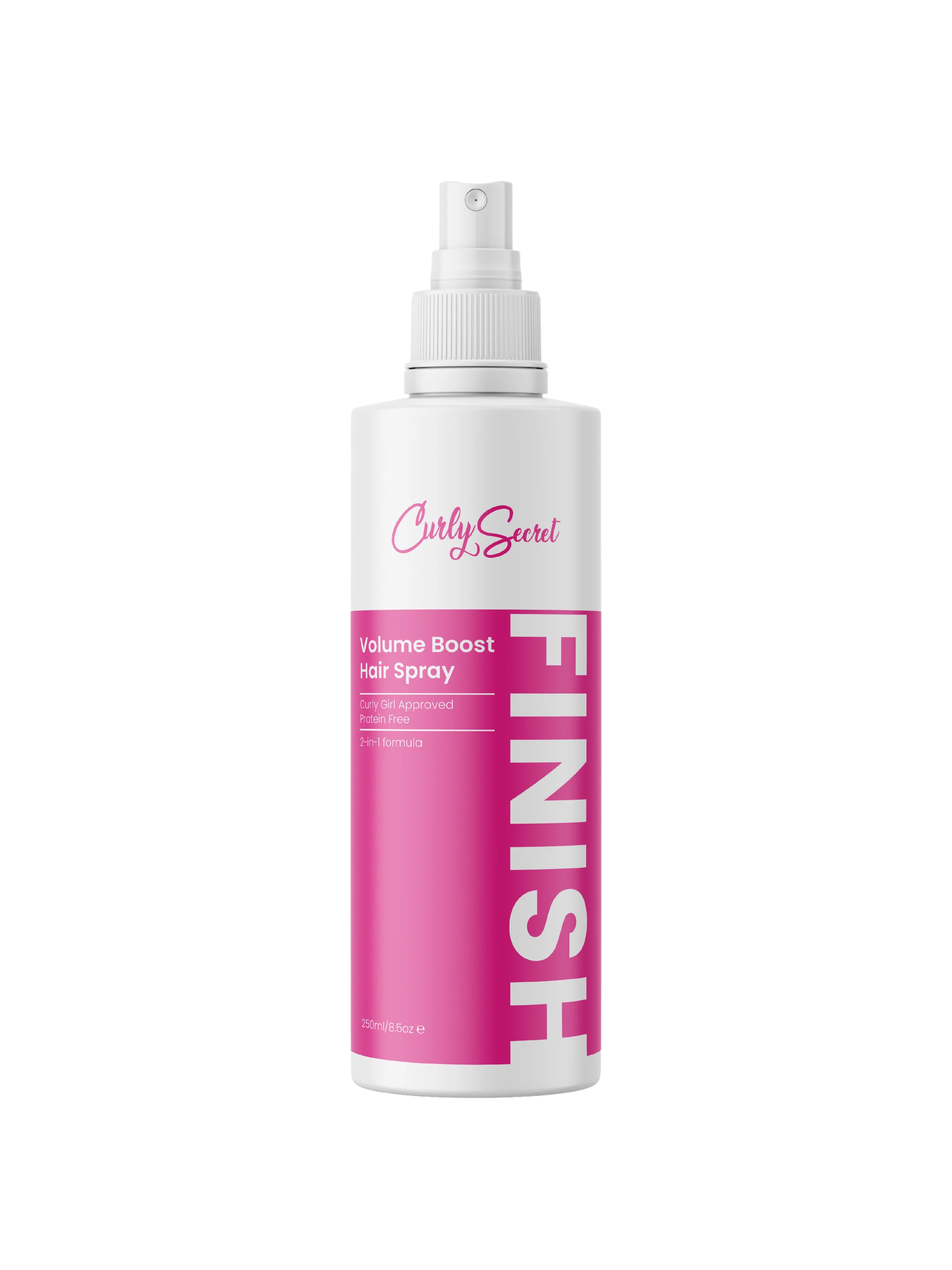 Witte fles met het label Curly Secret Volume Boost Hair Spray 250ml (FULL-SIZE) en een roze FINISH-gedeelte. Deze lichtgewicht formule accentueert moeiteloos uw krullen.